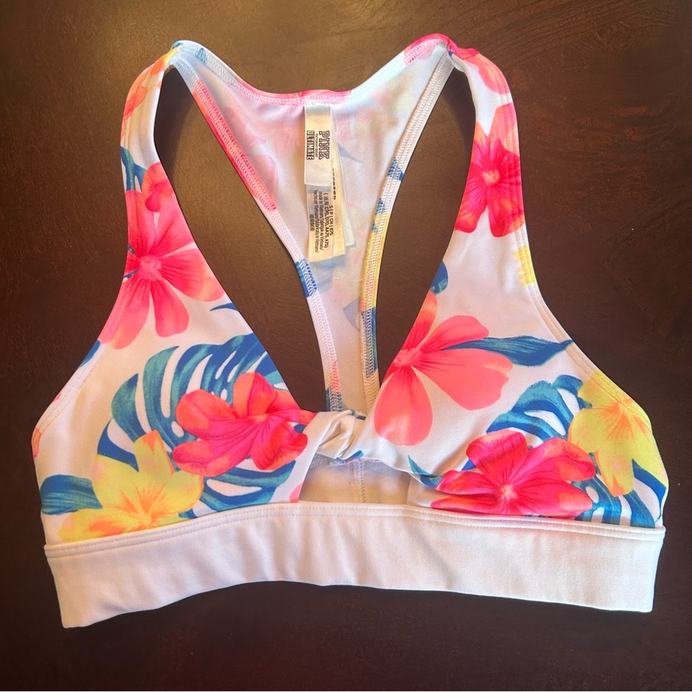 PINK Victoria's Secret White Tropical Floral Print Twist Sports Bra Gym to Swim - Picture 4 of 4